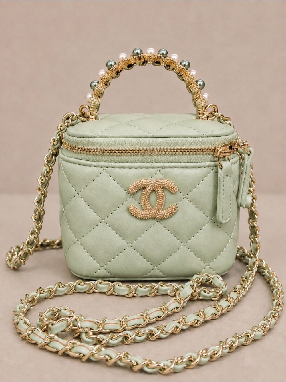 GWP CHANEL Mint Quilted Mini Vanity Bag with Pearl Top Handle